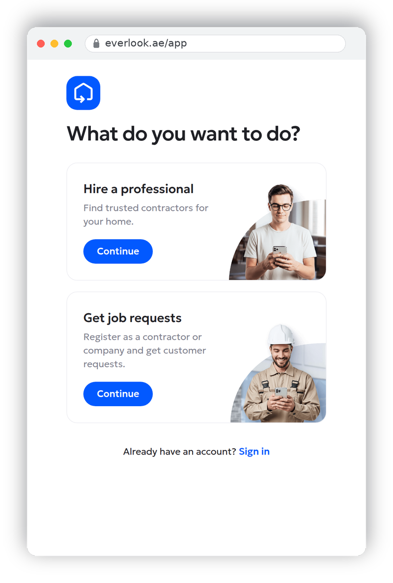 Everlook signup screen asking What do you want to do, with two cards: Hire a professional and Get job requests
