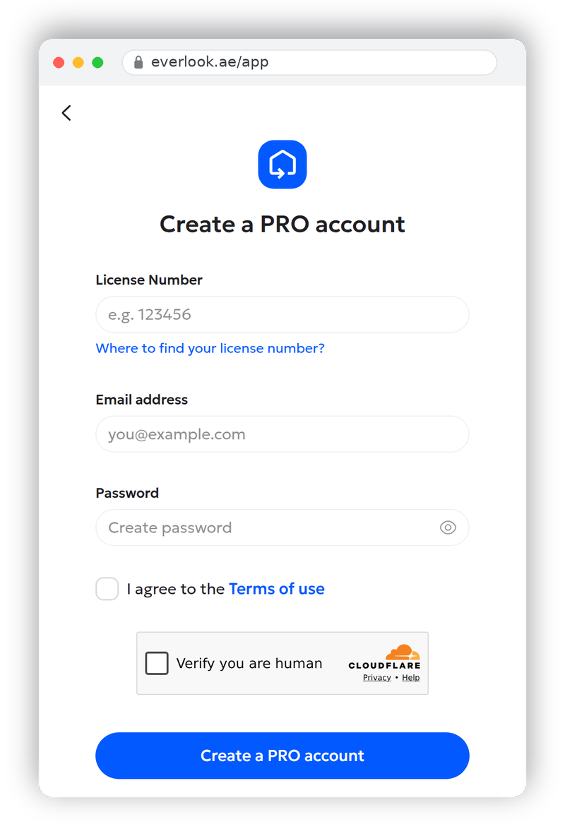 Create a PRO account form with licence number, email and password fields