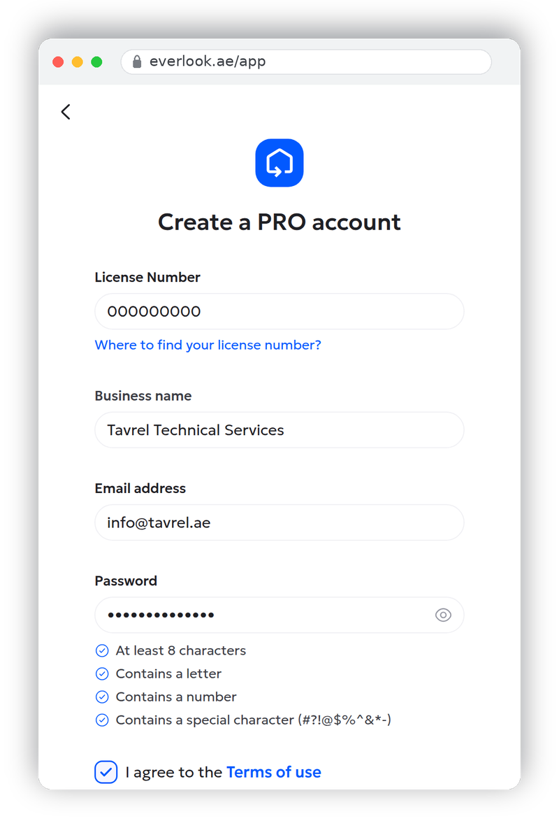 PRO signup form filled in with licence number, business name, email and password
