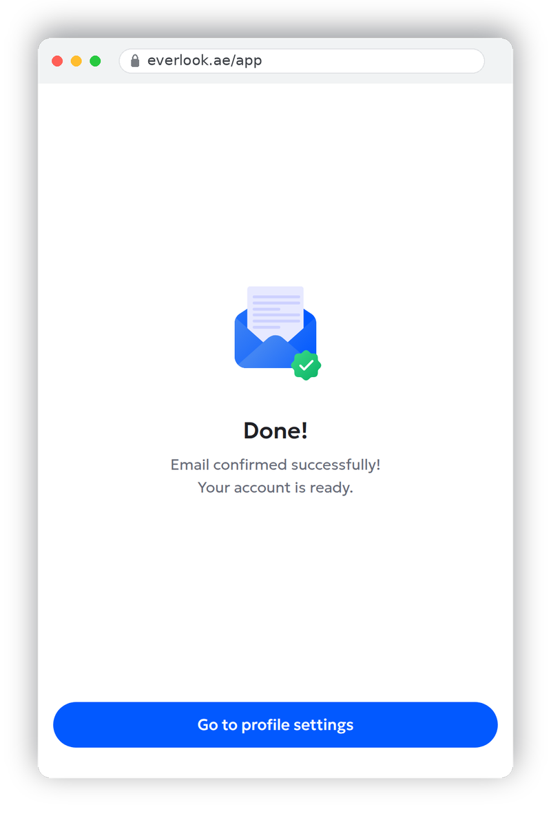 Done screen after email confirmation with a Go to profile settings button