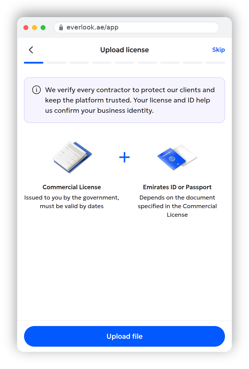 Profile wizard step 1: upload fields for the commercial licence and Emirates ID or passport