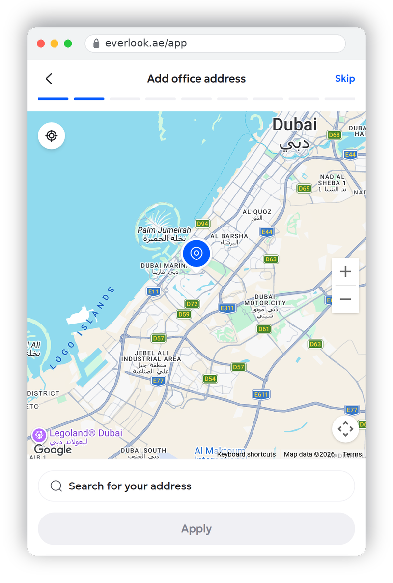 Profile wizard step 2: office address selection on a Dubai map with a search bar