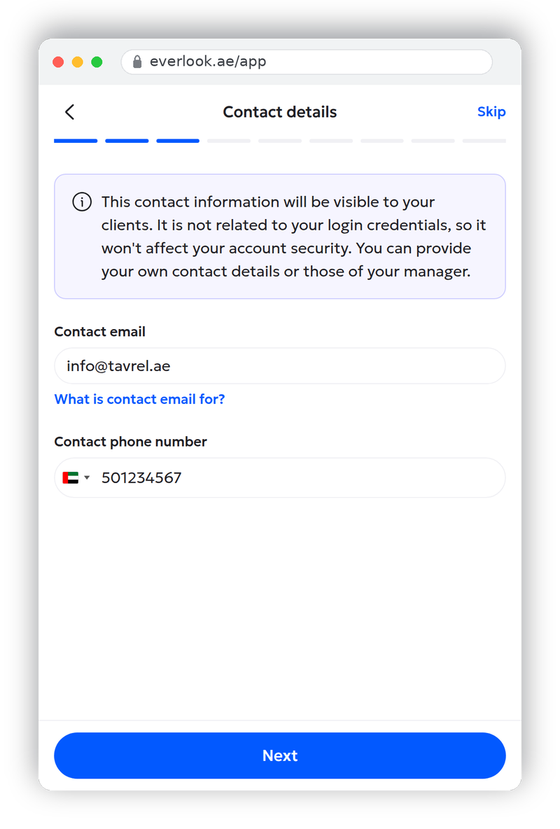 Profile wizard step 3: public contact phone number and email fields