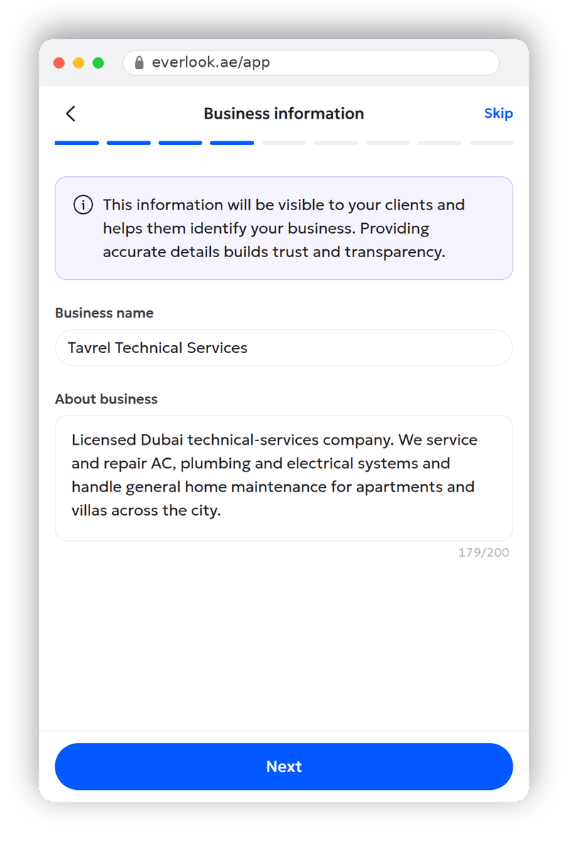 Profile wizard step 4: business name and About business description
