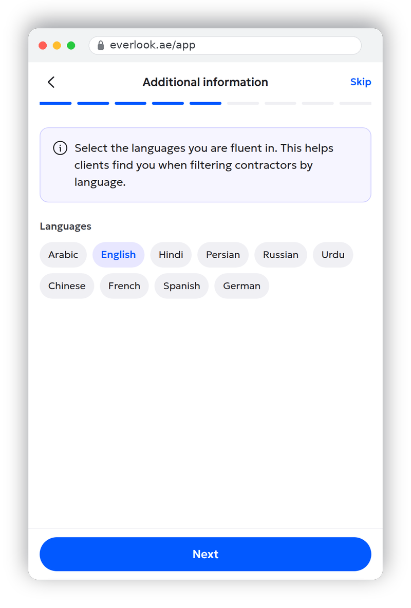 Profile wizard step 5: list of languages with checkboxes