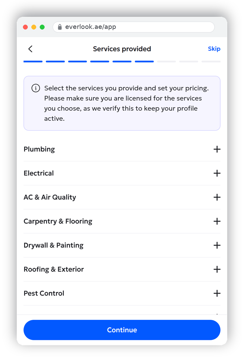 Profile wizard step 6: service catalogue with categories and specific activities