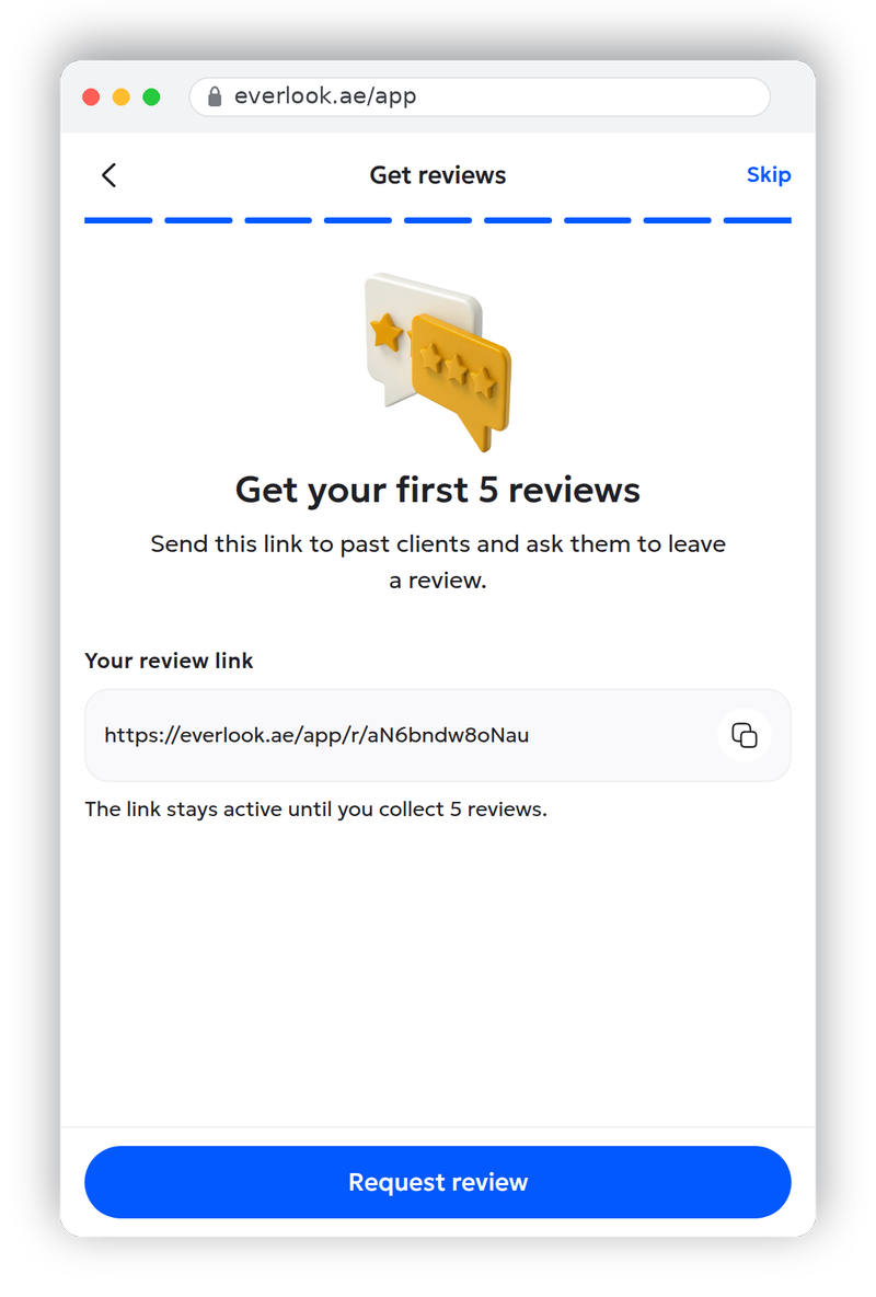 Profile wizard step 9: personal review link to send to past clients